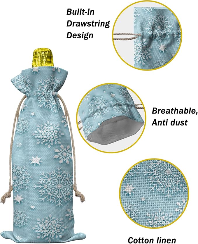 10 Pack Wine Bottle Bags, Christmas Snowflake Wine Bottle Cover with Drawstring, Winter Snowflake Green Backdrop Gift Bag for Champagne Wedding Birthday Party