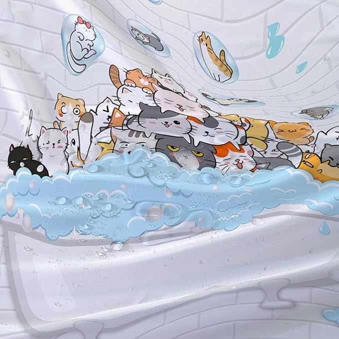 AILONEN Cute Cats Shower Curtain Raining for Kids 72" W*72" H Inch,Kawaii Hilarious Pet Playing Water Shower Curtain,12 Pack Hooks Polyester Waterproof Fabric Decor for Bathroom Bathtub Panels
