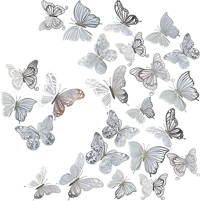 3D Butterfly Wall Decor 3 Sizes 4 Styles, Kurilai 48Pcs Butterfly Decorations Party Birthday Cake Decoration, Removable Wall Stickers for Kids Nursery Wedding Bedroom Room Decor (Silver)