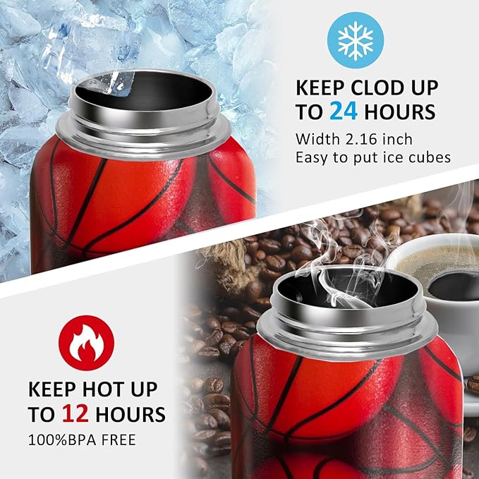 32 oz Basketball Water Bottle Insulated Vacuum Stainless Steel Sports Water Bottle with 2 Lids (Straw and Spout Lid) for Gym Camping Hiking