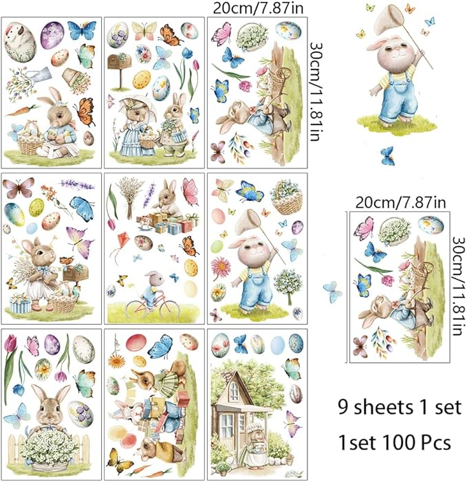 100 Pcs Easter Window Clings Easter Eggs Bunny Window Decorations Stickers for Glass Windows for Easter Window Decorations, 9 Sheets Bunny Decor for Kids Shcool Home (Family)