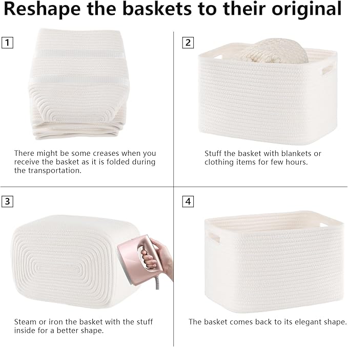 4 Pack Storage Baskets for Organizing Toys, Towels, and Clothes, Woven Basket for Shelves, Sturdy Nursery Cube Bins for Storage, 13''L x9''W x7.8''H, White