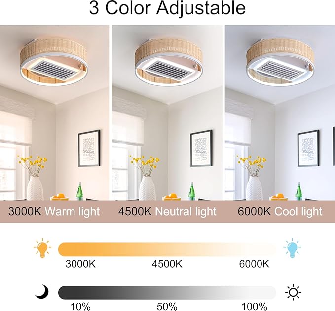 19.7''Mondern LED Bladeless Ceiling Fan, Smart Low Profile Ceiling Fan with Light, Rattan Boho Flush Mount Ceiling Fan, Dimmable Bedroom Ceiling Lights with Reversible Fans (Wood)