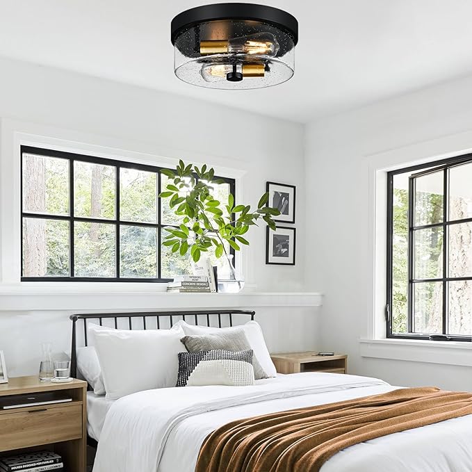 Flush Mount Ceiling Light Fixtures, 2-Light Black and Gold Ceiling Mount for Farmhouse with Seeded Glass Lampshade, Industrial Flush Mount Light Fixture for Hallway, Kitchen, Entryway and Foyer