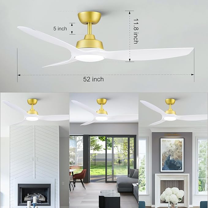 Sevenine Ceiling Fan with Light,White Gold Ceiling Fan,3 Blades,Downrod,6 Speed Adjustable,Dimmable LED,3 Timers,Reversible DC Motor, for Patio Living Room Bedroom Dining Room (White Gold, 52)