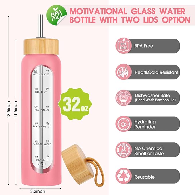 32 oz Glass Water Bottles with Straw - Motivational Glass Water Bottle with Time Marker & Silicone Sleeve - Reusable Glass Tumbler Includes 2 Bamboo Lids & Fruit Infuser - 1 Pack