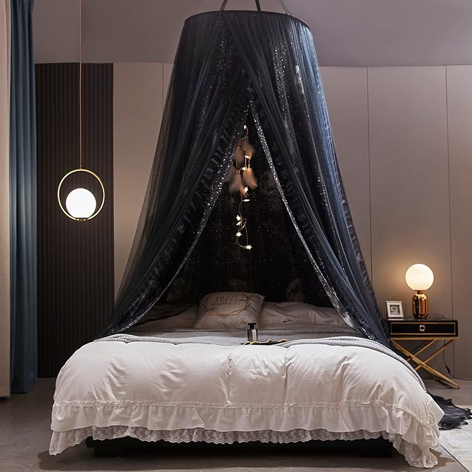 Kertnic Gorgeous Moon Printed Bed Canopy for Girls & Adults, Room Decorative Cozy Bed Curtain Canopy Drapes, Round Dome Luxurious Lace Princess Canopies Mosquito Netting (Print Moon)