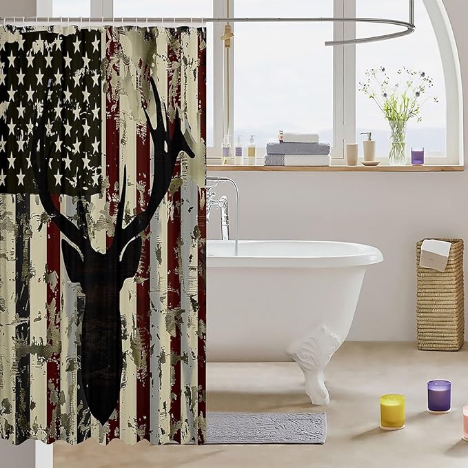 Feelyou Deer Bath Curtain Cute Deer Shower Curtain American Flag Bathroom Shower Curtain Set for Kids Boys Girls Deer Hunting Kids Bathroom Accessories 72"x84"