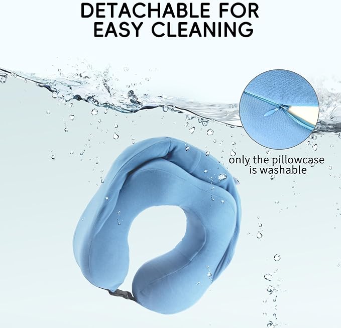 Travel Pillow with Hood for Airplane, 100% Pure Memory Foam Hooded Neck Pillow for Traveling, Car, Office, Soft, Machine Washable, Easy Storage, Blue