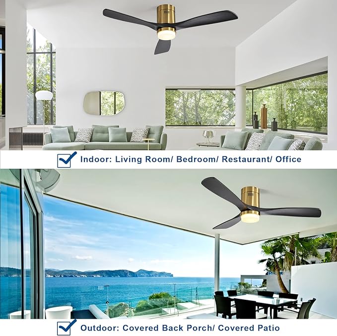 Sofucor Low Profile Ceiling Fan, Flush Mount Ceiling Fan with Lights and Remote Control, 52'' Wood Ceiling Fan with 3 Color Temperature & Adjustable Brightness, Black Wood