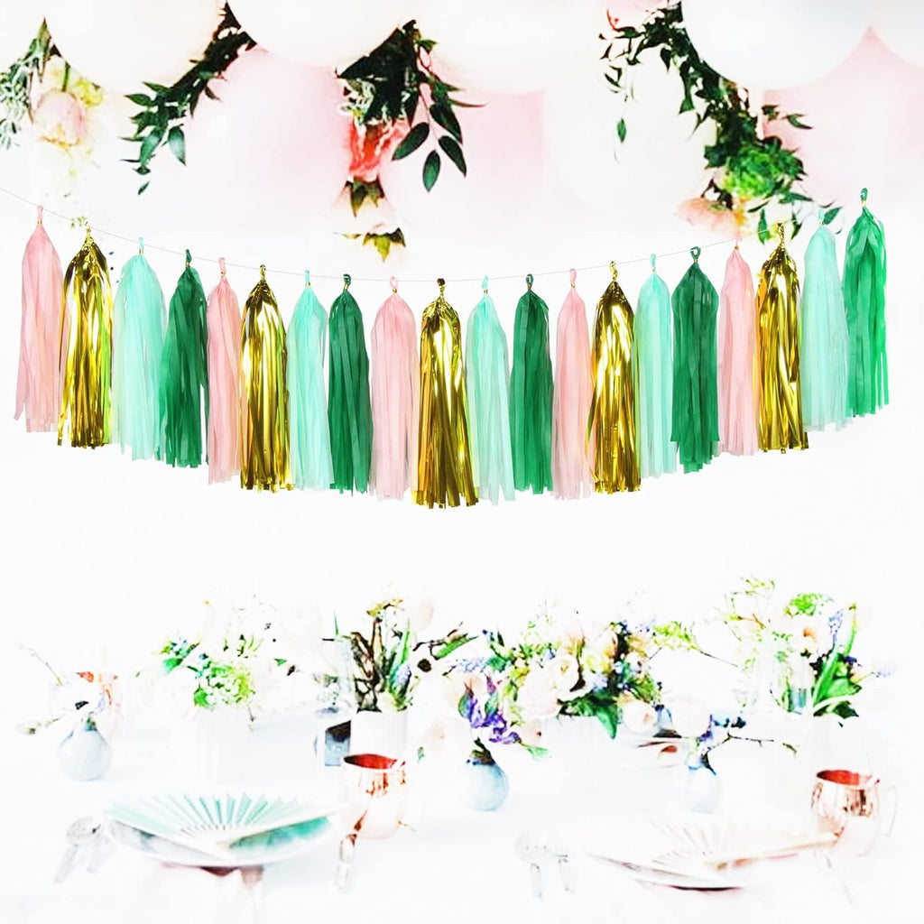 Sage-Green Pink-Gold Party-Decorations Tassel Garland - 20pcs Bachelorette Engagement Baby Bridal Shower Tassels Streamers Rustic Wedding Jungle Birthday Party Spring Decor Panduola