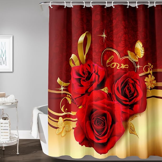 AILONEN Red and Gold Shower Curtain,Red Rose Hearts Printed Bath Curtain,Romantic Luxury Rose Flower Waterproof Curtain for Bathroom Decor 72" W x 72" H