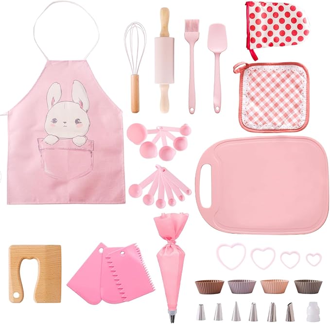 OESSUF Kids Baking Sets for Girls, Cooking Sets 38PCS Real Chef Easy Bake Toddler Montessori Kitchen Tools with Apron, Knife, Cutting Board, Little Girls Dress Up Gift