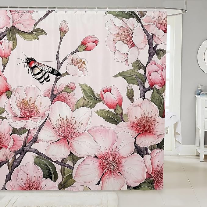 Feelyou Peach Blossom Fabric Shower Curtain for Kids Boys Girls Flower Floral Bathroom Waterproof Accessories with 12 Hooks Pink Shower Curtain Honey Curtains,72x84 Inches