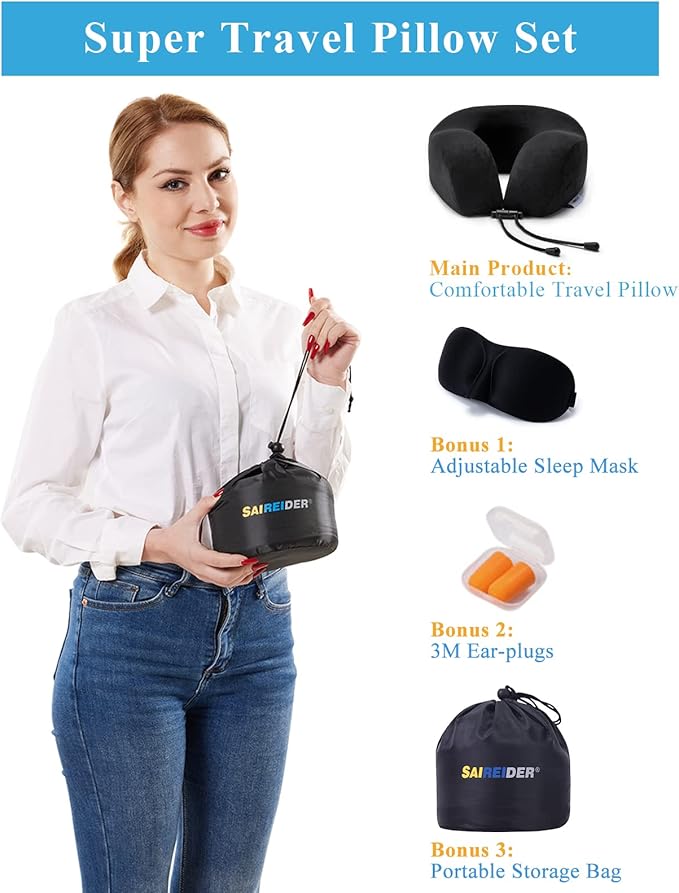 SAIREIDER Neck Pillows for Travel 100% Memory Foam Adjustable Travel Pillows with Storage Bag, Sleep Mask and Earplugs-Prevent The Heads from Falling Forward (Black)