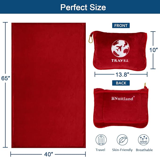 Bnuitland Travel Blanket and Pillow 2 in 1, Soft Flannel Airplane Blanket in Bag Compact-Long Flight Essential for Adults and Kids, Portable Luggage Sleeve and Backpack Clip, 65×40 inch Red