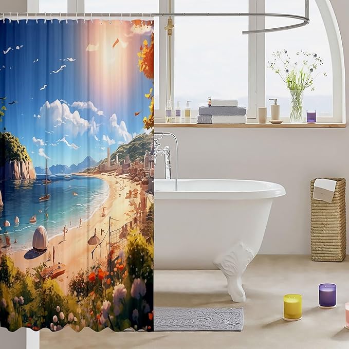 Feelyou Beach Shower Curtain Kids Beach Ocean Fabric Shower Curtain Nutrue Theme Bathroom Waterproof Accessories with 12 Hooks for Women Men Summer Holiday Curtains,72x84 Inches