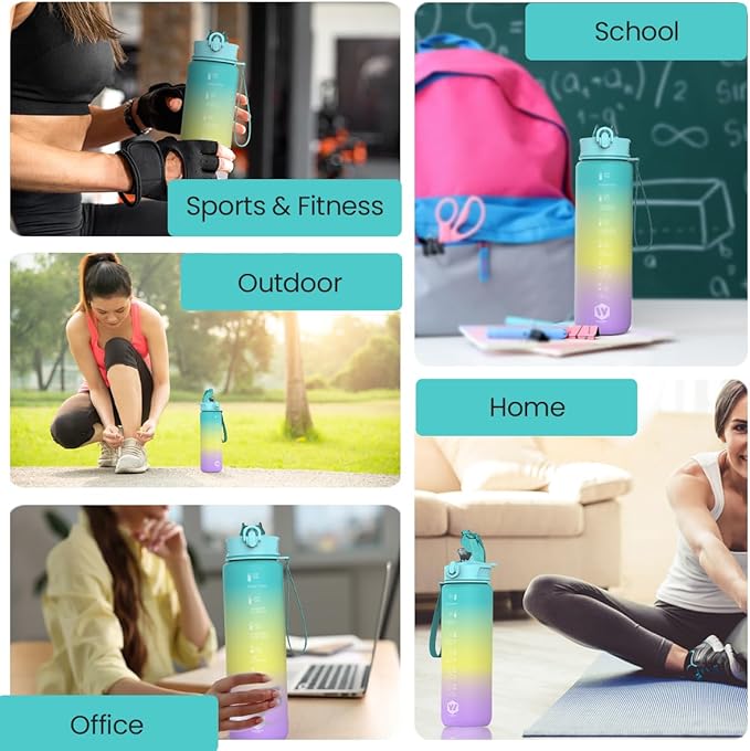 1L Water Bottle with Straw - Leak-Proof & BPA Free Reusable Sports Bottle - Motivational Time Markings for Hydration Durable Drink Bottle for Gym, Sports, Outdoor (Green Yellow and Purple)