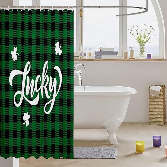 Happy St. Patrick's Day Kids Shower Curtains,Leaf Irish Holiday Bathroom Curtains for Girls Boys,Geometric Grids Checkered Patchwork Green Retro Waterproof Curtains,12 Hooks Suits,72"W x 84"L