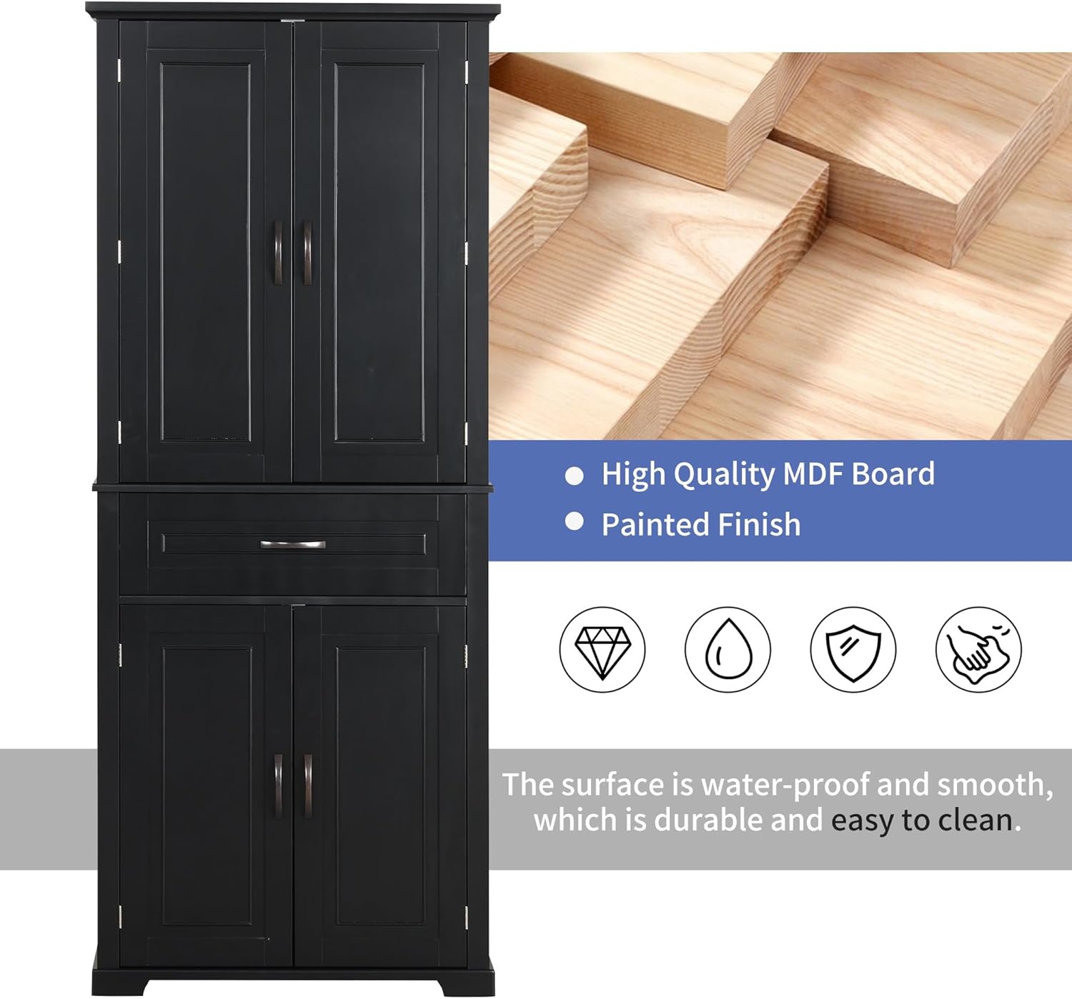 72.2" Tall Storage Cabinet with 4 Doors and Drawer, Freestanding Linen Cabinet, Wooden Pantry with Adjustable Shelf for Kitchen, Bathroom, Living Room Black