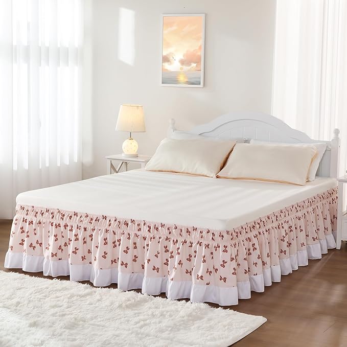 RIMELA Light Pink Elastic Bed Skirt Queen Szie 14 inch Drop, Bedskirt Easy to Put On, Solid Wrap Around Dust Ruffle, Fade Resistant Silky Fabric Machine Washable