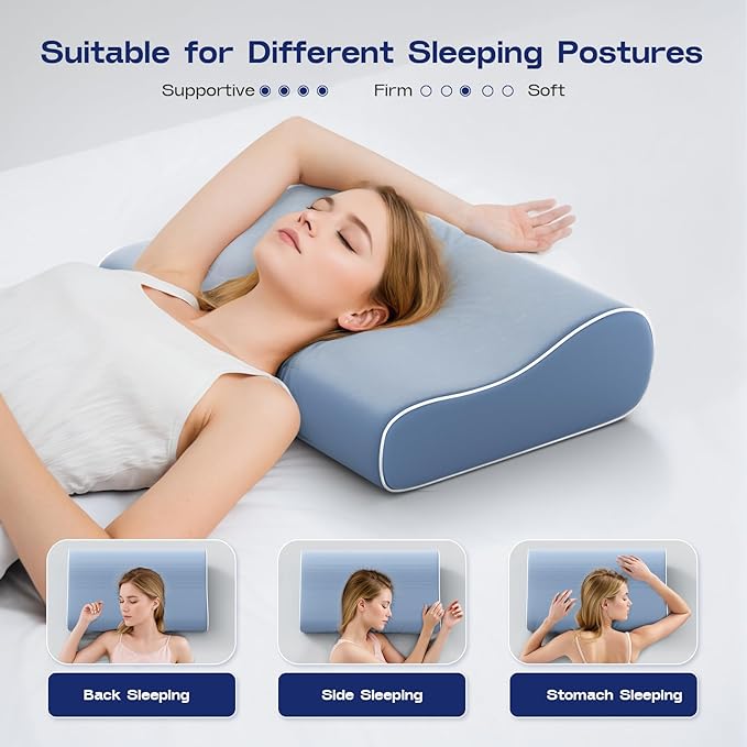 Cooling Cervical Neck Pillow for Sleeping - Contoured Memory Foam Pillow with 2 Heights - Ergonomic Sleep Pillow for Side Sleepers, Back Sleeping, Stomach Sleepers (Light Steel Blue)