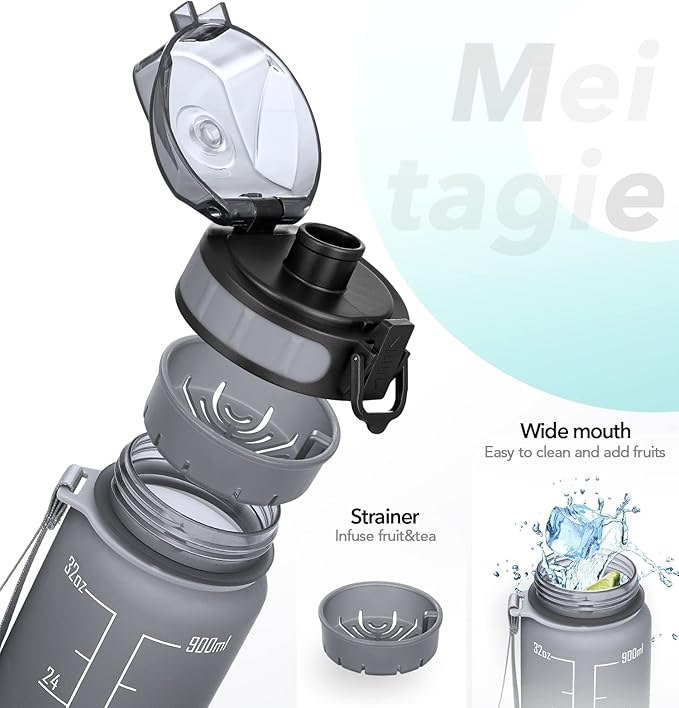 32oz Motivational Water Bottle with Time Marker & Fruit Strainer, Leak-proof BPA Free Non-Toxic 1l Bottle with Carrying Strap, Perfect for Fitness, Gym and Outdoor Sports (Graphite)
