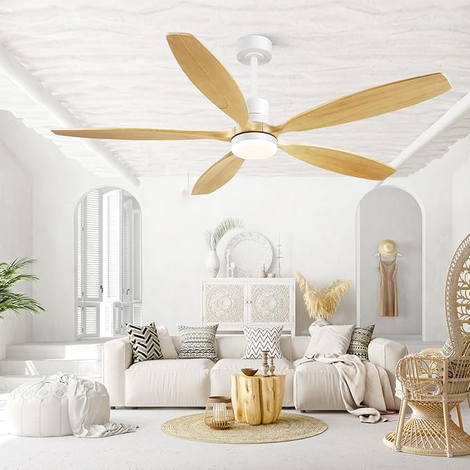 60" Ceiling Fan with Light and Remote,Reversible DC Motor,6Speed,Modern Natural Wood Ceiling Fan with Dimmable LED for Outdoor Patios Bedroom Living Room,Original Walnut and White