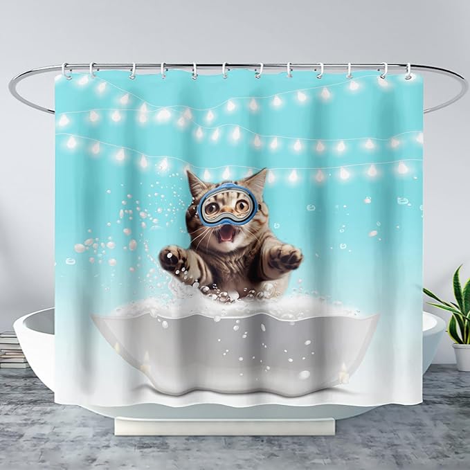 AILONEN 3D Bathtub Cat Shower Curtain for Kids 72" W*78" H Inch,Kawaii Diving Cat Leaps Out of Bathtub Shower Curtain,12 Pack Hooks Polyester Waterproof Fabric Decor for Bathroom Bathtub Panels