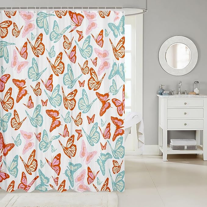 Feelyou Butterfly Bath Curtain Butterflies Print Shower Curtain Girl Butterfly Bathroom Shower Curtain Set for Kids Boys Girls Beautiful Butterfly Kids Bathroom Accessories 72"x84"