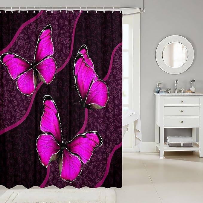 Feelyou Butterfly Shower Curtain 72"x84" Kids Butterflies Botanical Floral Print Bathroom Shower Curtain Set for Boys Girls Teens Geometric Stripes Bath Curtain Rose Bathroom Accessories