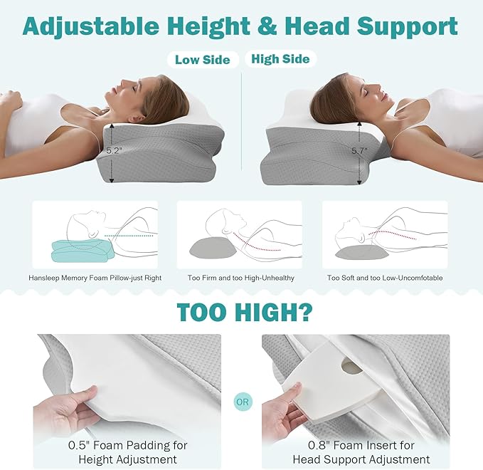 Hansleep Adjustable Cervical Pillow for Neck Pain, Ergonomic Memory Foam Neck Pillow for Sleeping with Breathable Pillowcase, Orthopedic Contour Neck Pillow for Side Back Stomach Sleeper, White