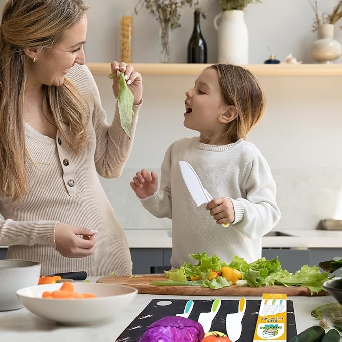 Toddler Knife Set of 3 - Firm Grip, Serrated Edges & Safe – Colorful Nylon Toddler Cooking Knives to Cut Fruits, Salad, Cake, Lettuce (Multi)