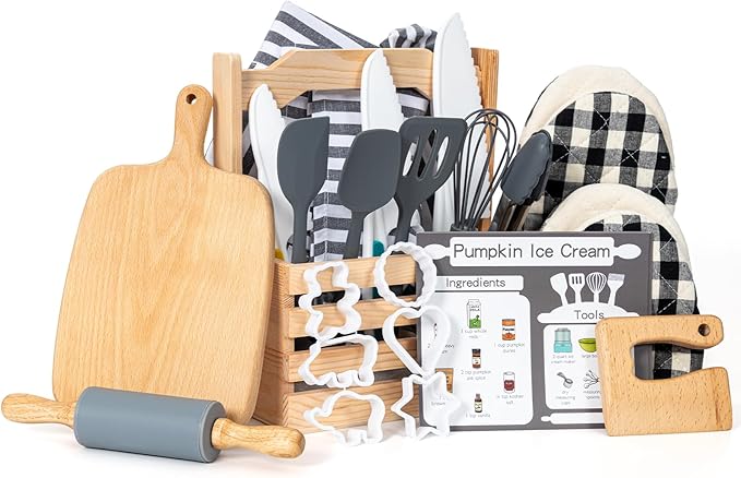 Kids Cooking & Baking Set, 16 Pcs Grey Real Kids Kitchen Utensils Set with Storage Case, Toddler Cooking Set, Toddler Chef Set for Junior Chef with Kids Apron & Hat, Kids Baking Sets for Boys & Girls