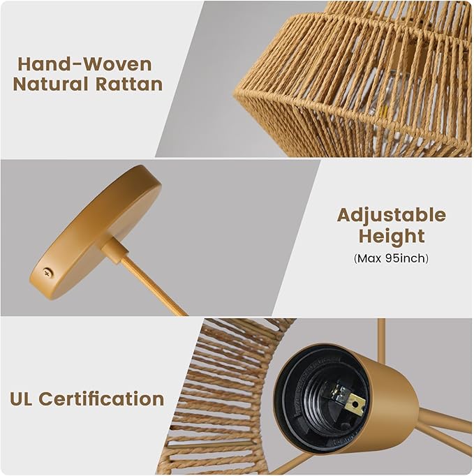 Rattan Chandelier Light Fixtures: 1-Light Boho Pendant Lights with Wicker Lampshade, E26 59inch Height Adjustable Hand Woven Hanging Chandeliers for Dining Room Kitchen Farmhouse Living Room