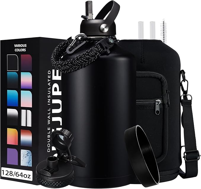 128OZ Insulated Water-Bottles with Strap - 1 Gallon Large Water Jug with Straw & Spout Lid, Stainless Steel Water Bottle Leak Proof, Cold-48h Hot-24h Metal Water Flask w/ Paracord Handle, Carrier Bag
