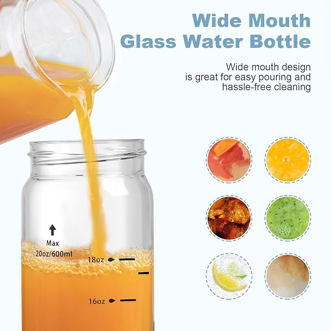 20oz Juice Bottles - 4 Pack Wide Mouth Glass Bottles with Lids- BPA Free, Stainless Steel Lids for Juicing, Smoothies, Infused Water, Beverage Storage - Leakproof, Borosilicate, Clear