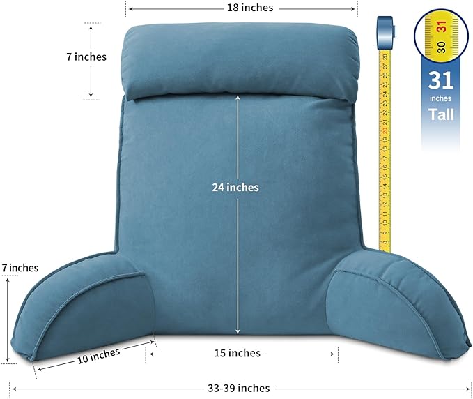 Reading Pillow for Bed Adult Size, Back Pillow for Sitting in Bed, Shredded Memory Foam Bed Chair Pillow with Arms, Pockets, Washable Cover (Blue, Large)