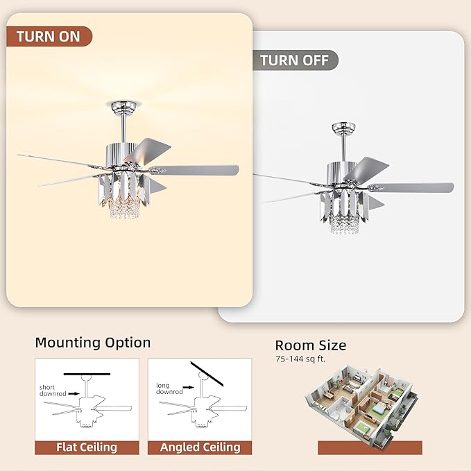 NicBex Ceiling Fan 52 Inch Ceiling Fan with Lights Ceiling Fans with 5 Reversible Blades and Remote Control Ceiling Fan with Crystal Lamp Shade for Bedroom, Living Room, Silver