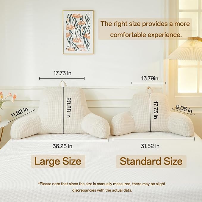 Back Pillow for Bed Sitting Up,Reading Pillow for Sitting in Bed Adult with Arm Pillow,Back Rest Pillow for Sitting in Bed with Pockets,While Gaming,Working,Watching,Standard-Ivory