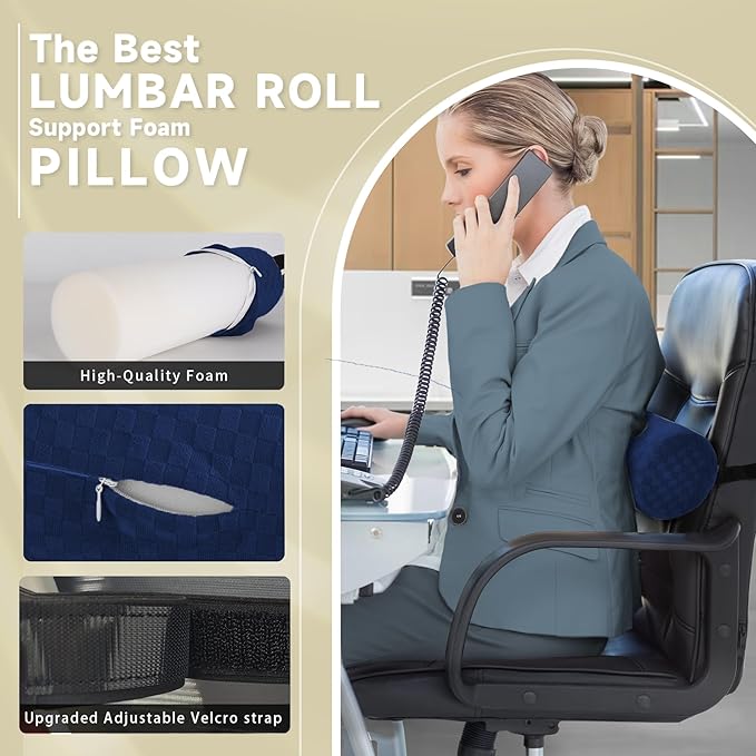 Lumbar Roll Pillow for Lower Back, Lumbar Support Foam Roll Cushion with Pillowcase and Upgraded Strap for Office, Chair, Car, Seat Pain Relief & Improving Posture (Dark Blue, Long-15*4.3'')