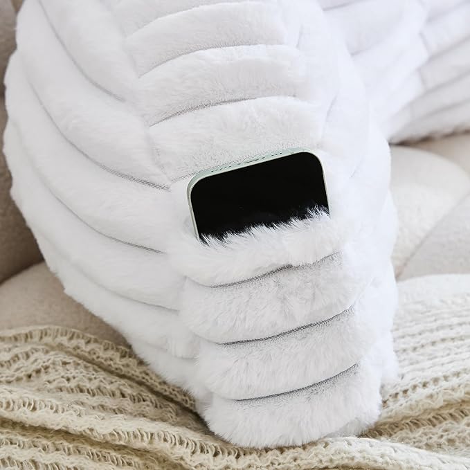 WERDIM Reading Pillow for Sitting in Bed, Faux Fur Back Pillow for Bed Rest, Bed Chair Pillow with Arms and Pockets(Standard, White)