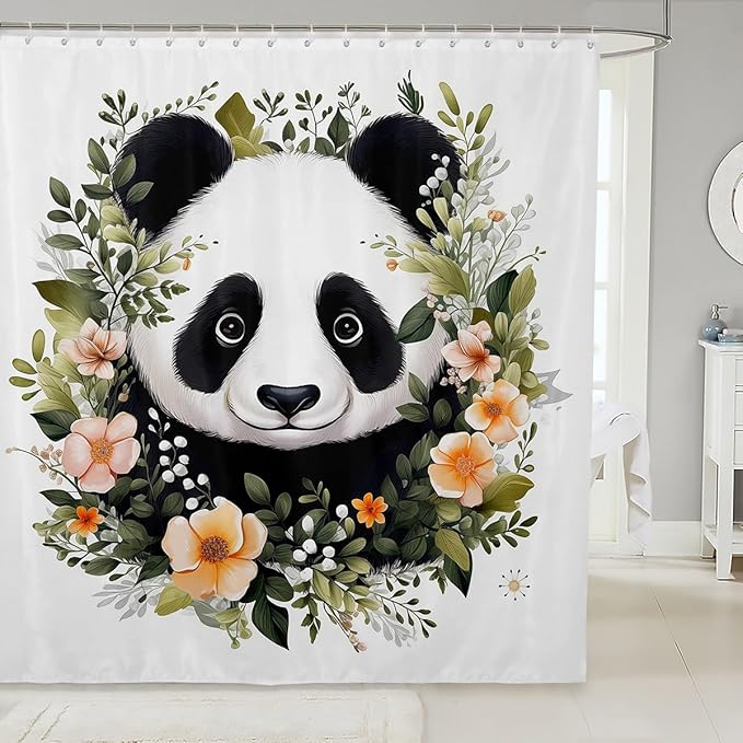 Feelyou Panda Shower Curtain Boys Girls Cute Cartoon Panda Fabric Shower Curtain for Kids Flower Botanical Bathroom Waterproof Accessories with 12 Hooks Animal Curtains,72x84 Inches