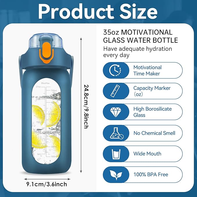 32 oz Glass Water Bottle with Time Marker - 1000ml Large Sports Motivational Water Bottles with Handle & Silicone Case, 1 Liter Leak-proof Measured Drinking Bottle for Gym Fitness Workout (Deep Blue)