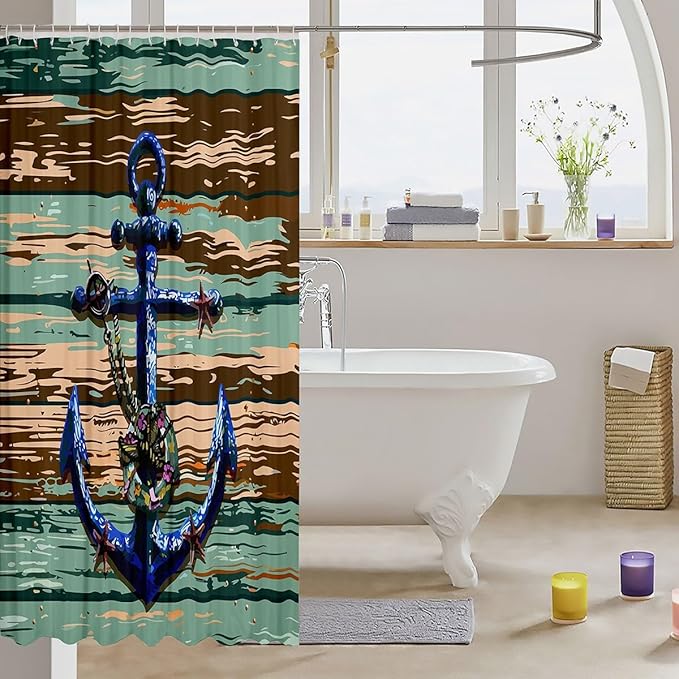 Feelyou Anchor Shower Curtain Wooden Rustic Fabric Shower Curtain for Kids Boys Girls Sea Adventure Bathroom Waterproof Accessories with 12 Hooks Ocean Theme Curtains,72x72 Inches