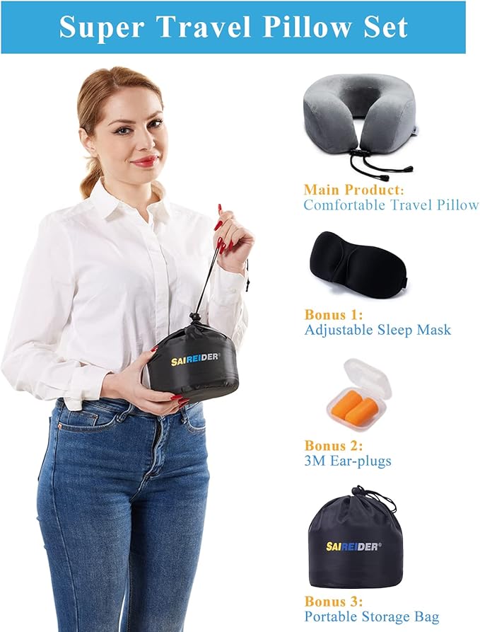 SAIREIDER Airplane Pillow 100% Memory Foam Neck Pillow for Airplanes Flight Rest Best Adjustable Travel Neck Support Pillows-Prevent The Heads from Falling Forward (Grey)