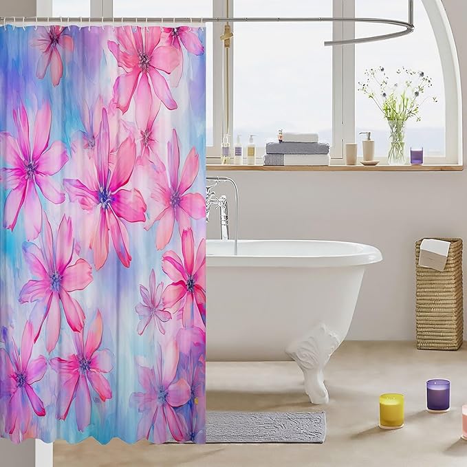 Feelyou Daisy Fabric Shower Curtain for Kids Boys Girls Pink Flower Bathroom Waterproof Accessories with 12 Hooks Floral Shower Curtain Wildflower Botanical Curtains,72x78 Inches