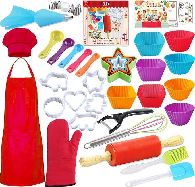 Kids Cooking and Baking Set Real Baking Gift includes Kids Apron,Chef Hat,Oven Mitt&Utensil,Recipes for The Curious Young Junior Chef