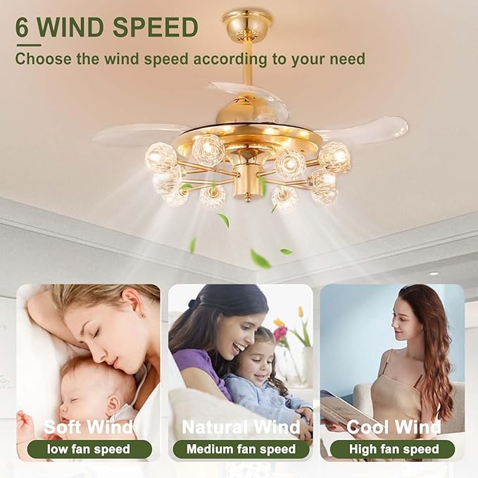 42" Chandelier Ceiling Fans with Lights: 12-Light Sputnik Ceiling Fan Crystal Chandeliers - Modern Retractable Fandelier Ceiling Fan for Bedroom Living Room - Gold Fandelier with Lights