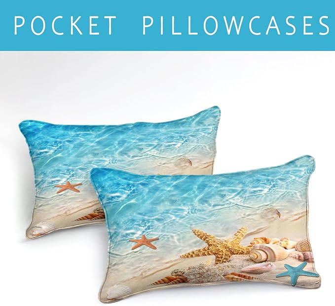 Bedbay Beach Theme Comforter Set King Size Coastal Bedding Set 4 Pcs Starfish Shell Conch Sea Life Printed Ocean Comforter Set King Bedding Set Beach Themed Room Decor (Aqua,King)